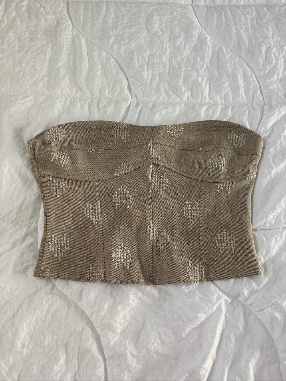 Fashion Nova Beige Strapless Embroidered Bustier Top